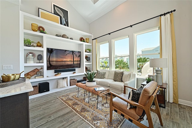 living area featuring high vaulted ceiling and wood finished floors