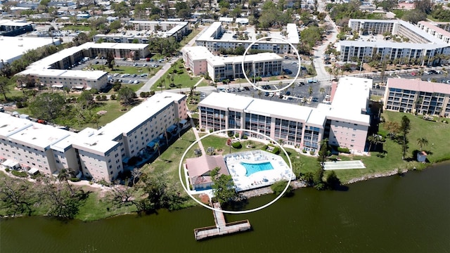 bird's eye view with a water view and a view of city