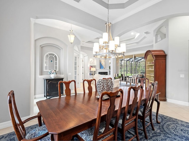 dining area featuring a notable chandelier, visible vents, light tile patterned flooring, coffered ceiling, and baseboards