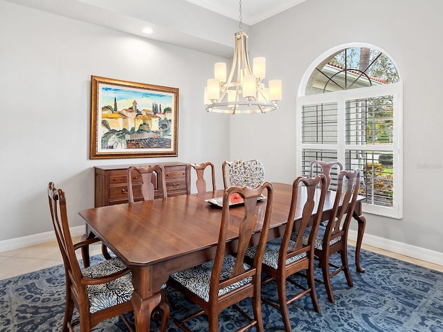 tiled dining room featuring a chandelier, recessed lighting, ornamental molding, and baseboards