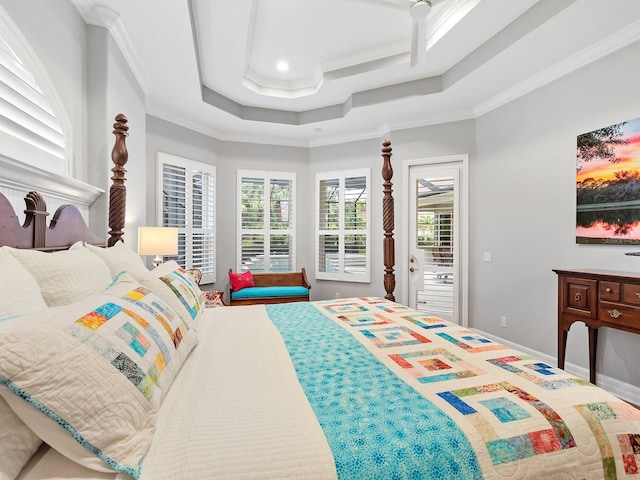 bedroom featuring baseboards, a raised ceiling, a ceiling fan, ornamental molding, and access to outside