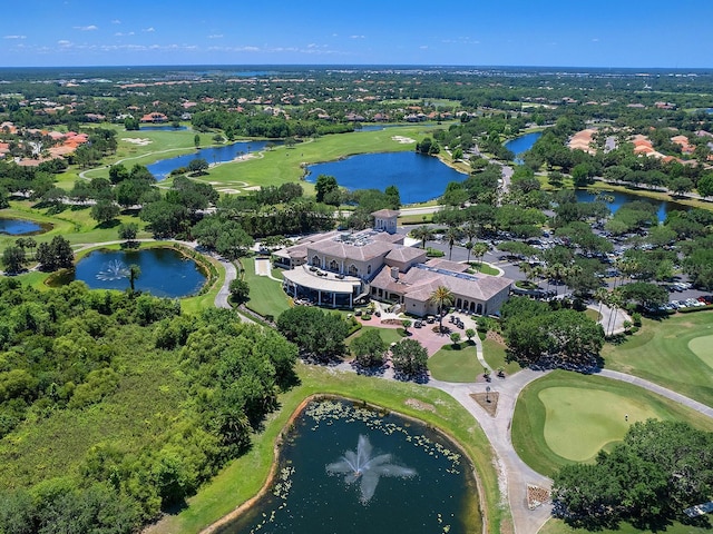 aerial view with a water view and golf course view