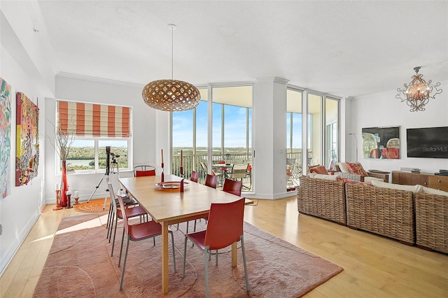 dining area with baseboards, a wall of windows, wood finished floors, and a notable chandelier