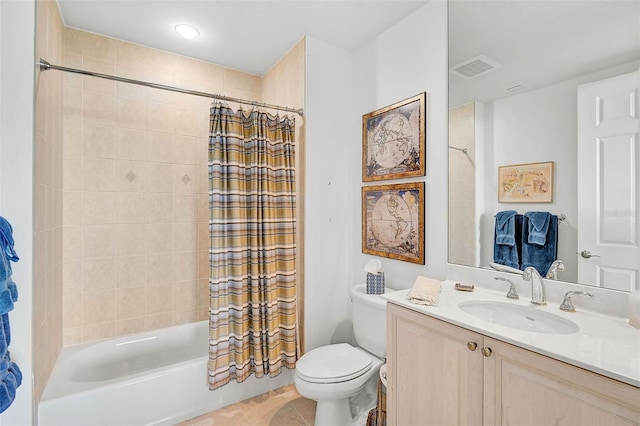 bathroom featuring visible vents, toilet, shower / bathtub combination with curtain, tile patterned flooring, and vanity