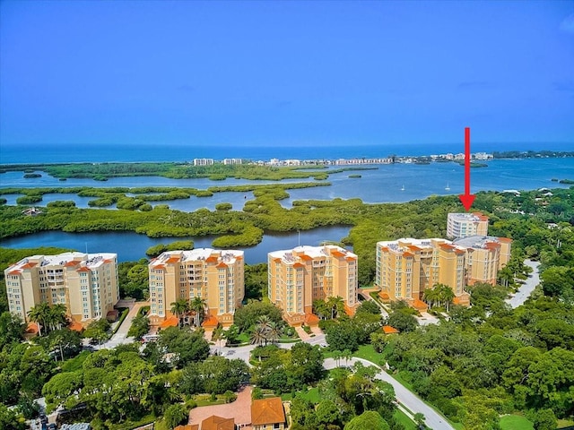 drone / aerial view with a water view and a city view