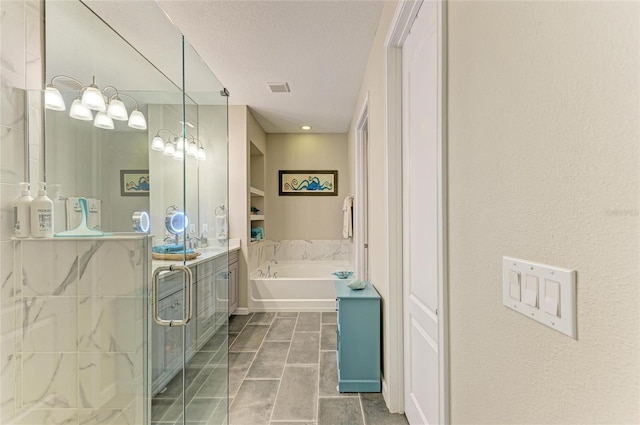 11607 Meadowgate Pl, Bradenton, FL 34211 - bathroom featuring visible vents, vanity, a stall shower, a bath, and a textured ceiling