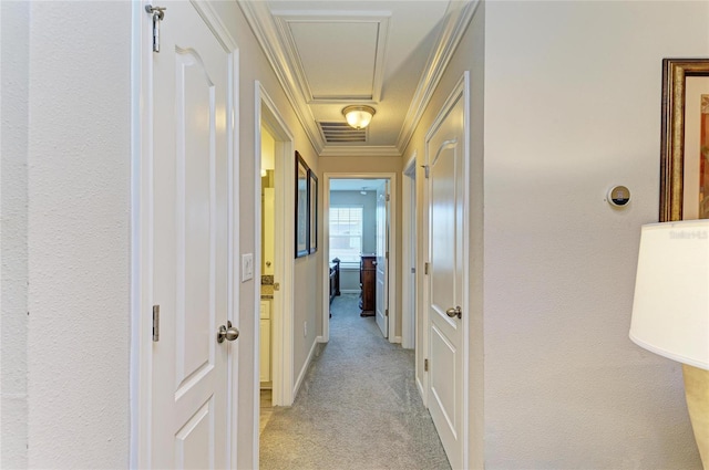 11607 Meadowgate Pl, Bradenton, FL 34211 - hall featuring crown molding, light colored carpet, visible vents, and a textured wall