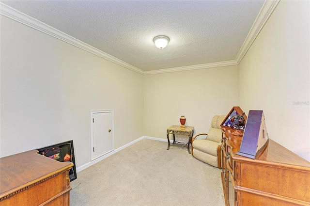 11607 Meadowgate Pl, Bradenton, FL 34211 - living area with light carpet, a textured ceiling, baseboards, and ornamental molding