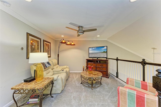 11607 Meadowgate Pl, Bradenton, FL 34211 - carpeted living room featuring lofted ceiling, a ceiling fan, recessed lighting, crown molding, and baseboards
