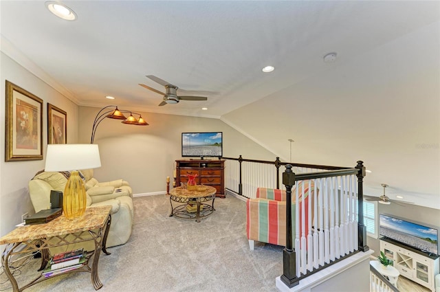 11607 Meadowgate Pl, Bradenton, FL 34211 - interior space featuring ceiling fan, lofted ceiling, ornamental molding, an upstairs landing, and carpet floors