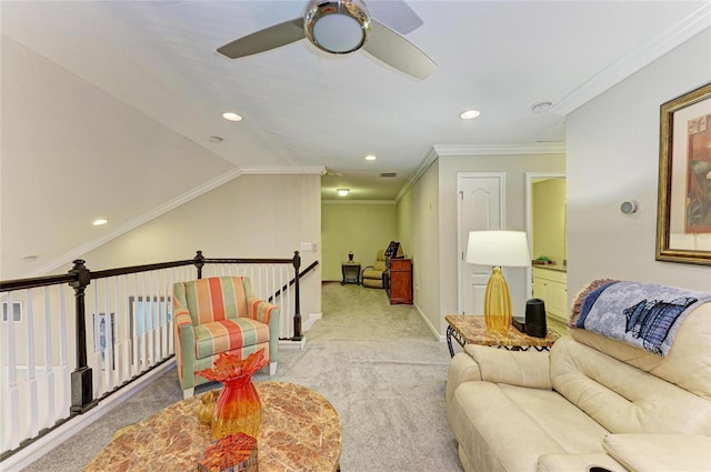 11607 Meadowgate Pl, Bradenton, FL 34211 - living area with crown molding, baseboards, light colored carpet, recessed lighting, and a ceiling fan