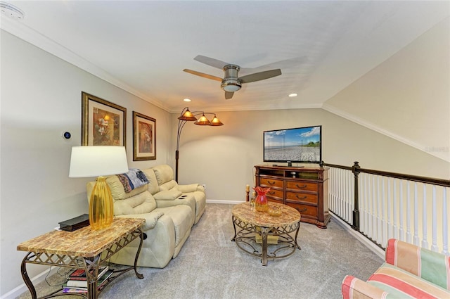 11607 Meadowgate Pl, Bradenton, FL 34211 - carpeted living room featuring baseboards, recessed lighting, ornamental molding, ceiling fan, and vaulted ceiling