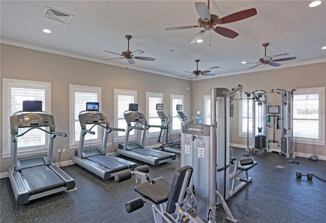 11607 Meadowgate Pl, Bradenton, FL 34211 - workout area with visible vents, ornamental molding, a textured ceiling, recessed lighting, and baseboards
