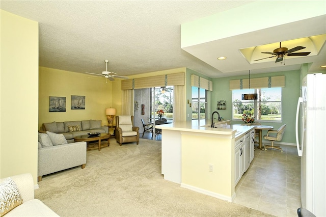 kitchen with plenty of natural light, light colored carpet, light countertops, and freestanding refrigerator