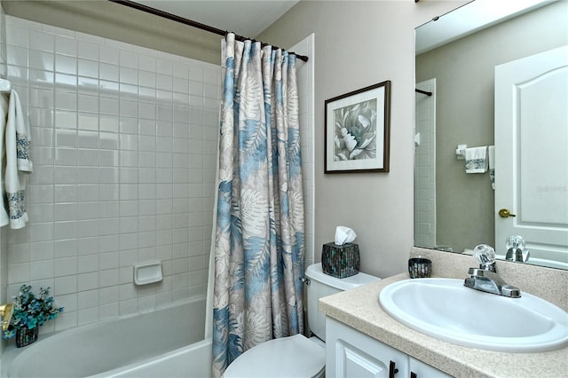 full bath featuring vanity, toilet, and shower / bathtub combination with curtain