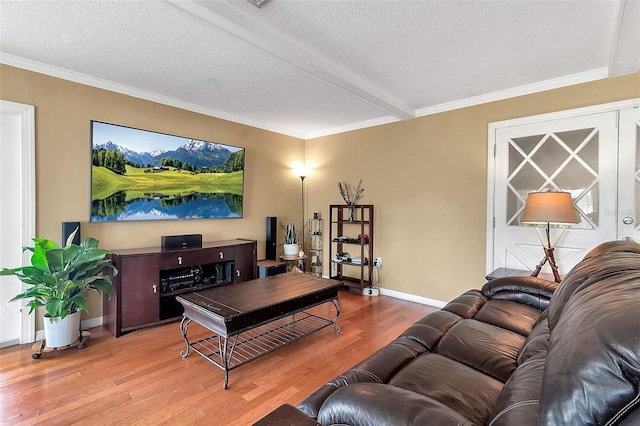 living room with crown molding, a textured ceiling, baseboards, and wood finished floors