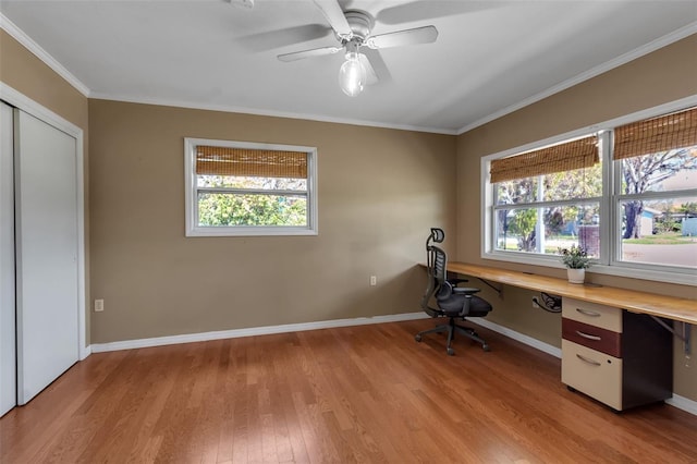 unfurnished office featuring light wood finished floors, plenty of natural light, ornamental molding, and baseboards