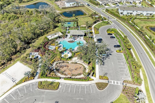 bird's eye view with a water view