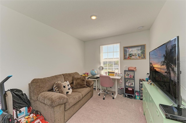 home office featuring light colored carpet