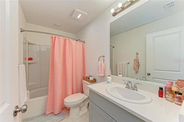 bathroom with toilet, shower / tub combo with curtain, tile patterned flooring, a textured ceiling, and vanity