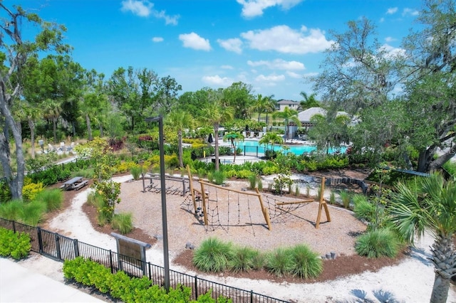 view of home's community with fence and a pool