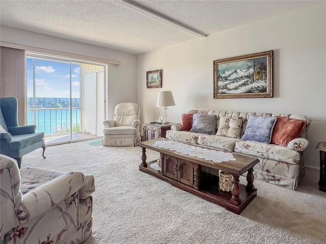 carpeted living area with a textured ceiling and a water view