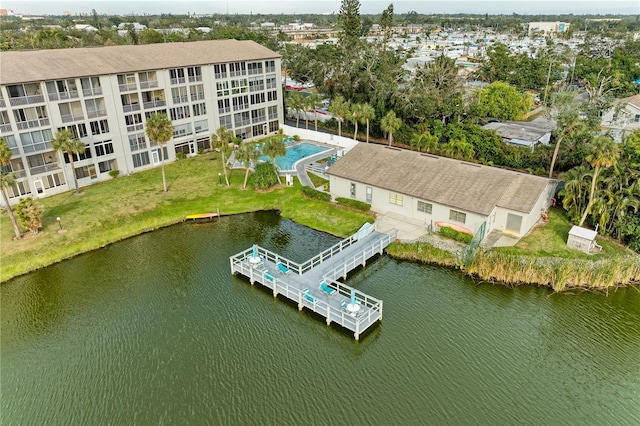 bird's eye view with a water view