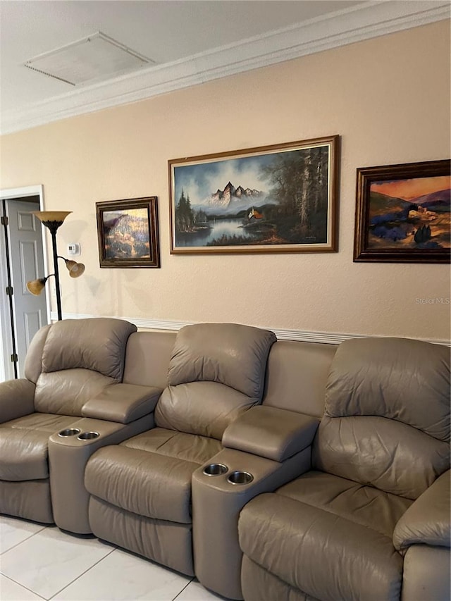 living area with marble finish floor and crown molding