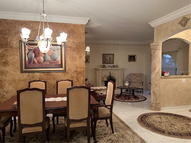 tiled dining room with ornamental molding and an inviting chandelier