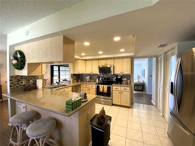 kitchen featuring stainless steel appliances, a peninsula, a sink, a kitchen breakfast bar, and a tray ceiling