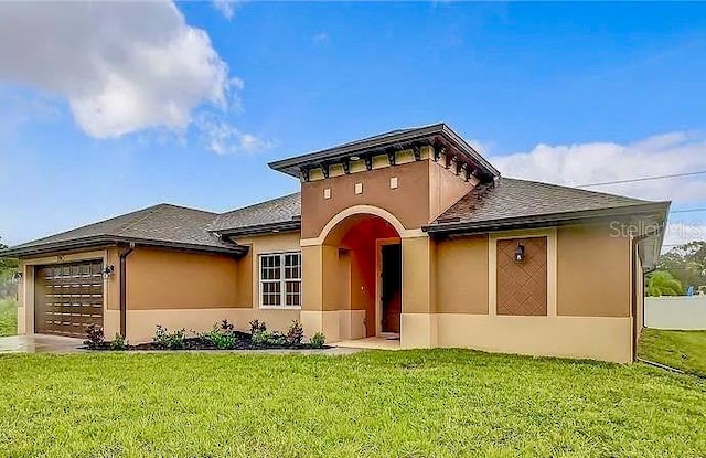 view of front of home featuring a front lawn, an attached garage, a shingled roof, and stucco siding