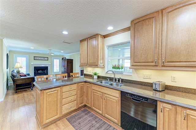 kitchen with black dishwasher, crown molding, light wood-style floors, a fireplace, and a sink