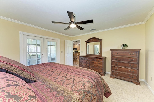 bedroom featuring baseboards, light colored carpet, ornamental molding, access to outside, and french doors