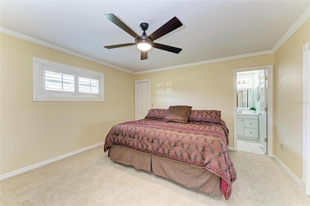 bedroom featuring baseboards, ornamental molding, ceiling fan, and carpet flooring