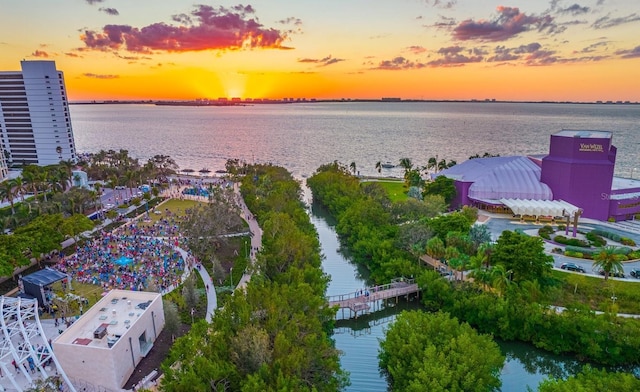 aerial view at dusk with a water view