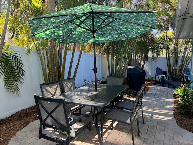 view of patio / terrace with outdoor dining area, area for grilling, and a fenced backyard