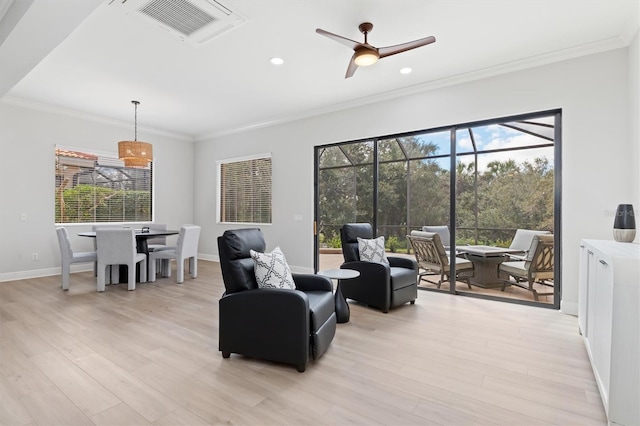 interior space with recessed lighting, visible vents, light wood-style floors, ornamental molding, and baseboards