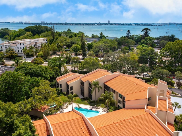 drone / aerial view with a water view