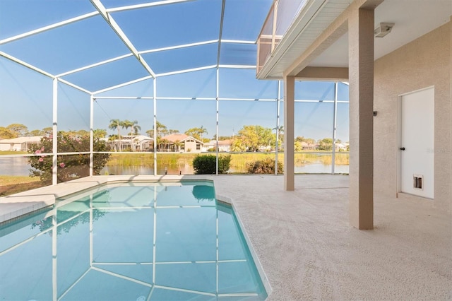 4173 Hearthstone Dr, Sarasota, FL 34238 - pool featuring a patio area, a water view, and glass enclosure