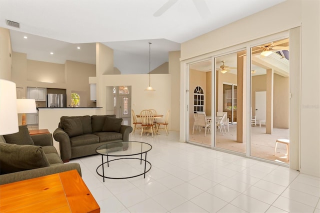 4173 Hearthstone Dr, Sarasota, FL 34238 - living room with a ceiling fan, recessed lighting, light tile patterned floors, and visible vents