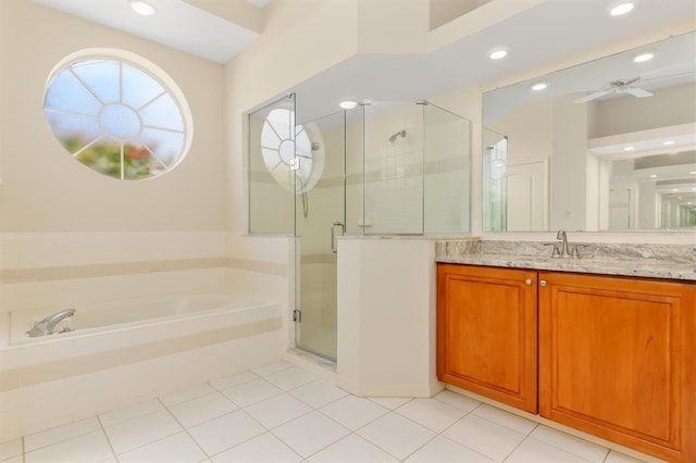 4173 Hearthstone Dr, Sarasota, FL 34238 - full bathroom featuring vanity, recessed lighting, a stall shower, a ceiling fan, and a garden tub