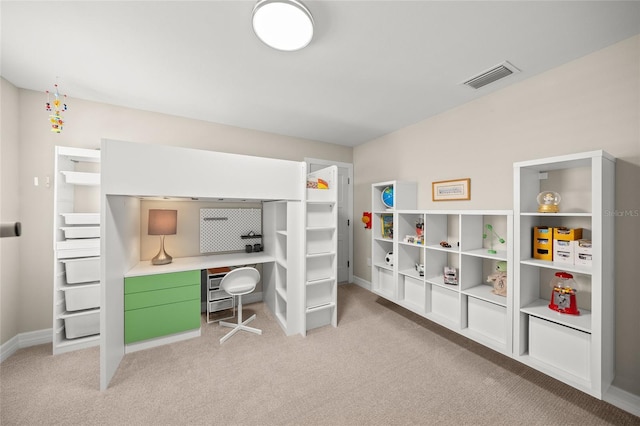 bedroom featuring light carpet, visible vents, and baseboards