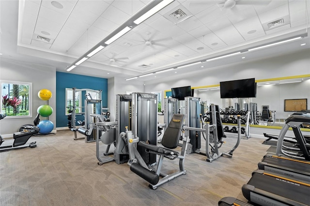 workout area featuring light colored carpet and visible vents