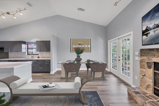 interior space with plenty of natural light, french doors, a fireplace, and light wood-style floors