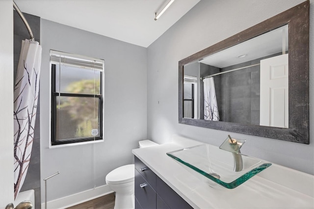 bathroom featuring toilet, a shower with curtain, baseboards, and vanity