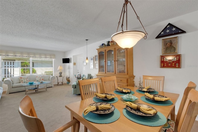 dining room with carpet floors and a textured ceiling