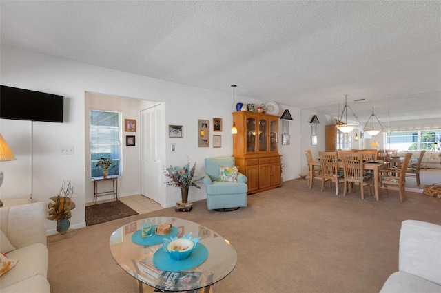 living room featuring a textured ceiling and carpet