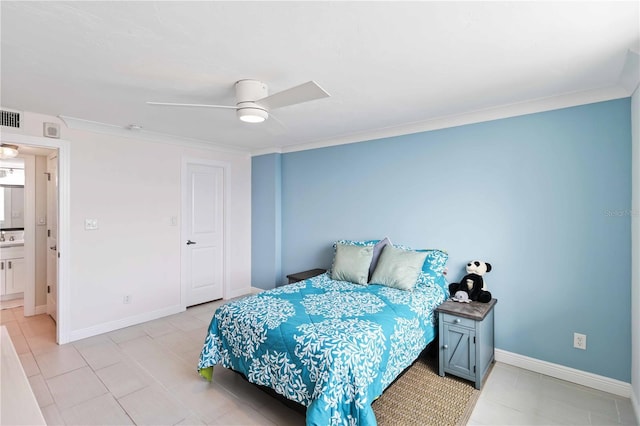 bedroom featuring ornamental molding, visible vents, ceiling fan, and baseboards