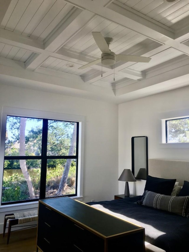 bedroom featuring wood ceiling, coffered ceiling, wood finished floors, and beam ceiling