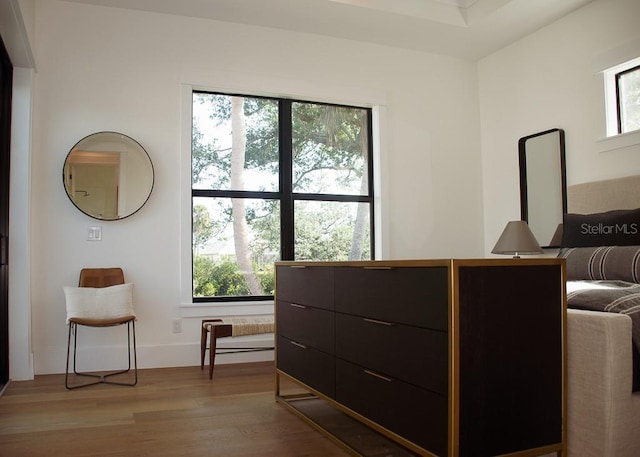 bedroom with baseboards and wood finished floors